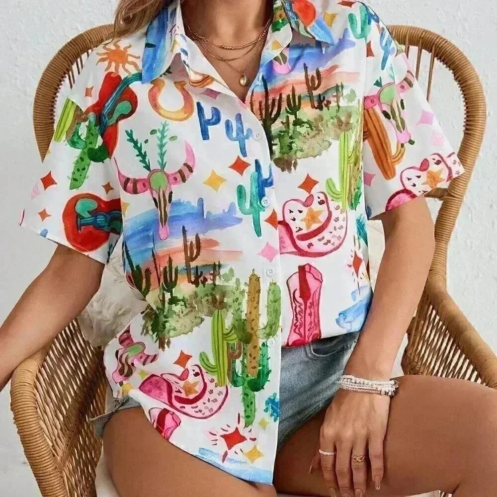 White Casual Women's Vacation Doodle Print Regular Fit Shirt - Picture 5 of 6